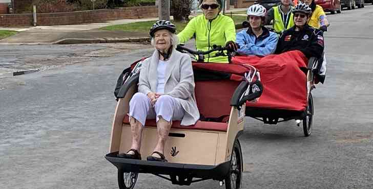 Cycling Without Age Wagga Joyce Coffey and Helen Sturman aboard the Transgrid funded trishaw (front)